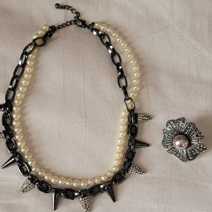 Spiked Faux Pearl & Rhinestones Necklace and  Ring Bundle